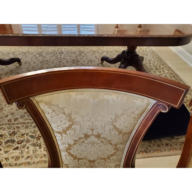 John Widdicomb Set of 8 Pristine Klismos Dining Room Chairs With Gold Satin Damask For Sale - Image 11 of 12