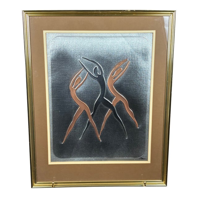 Signed Mid-Century Modern Metal Wall Sculpture Abstract Dancers, Copper & Black, C. 1960s For Sale
