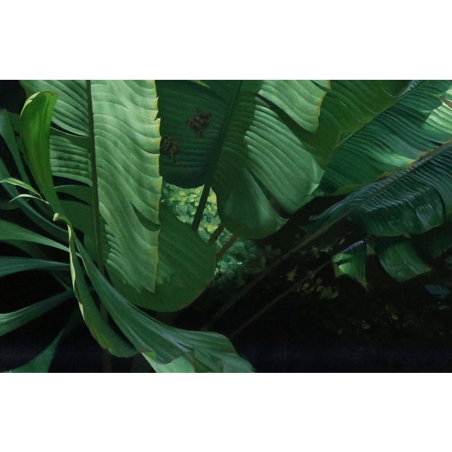 Where the Jungle Speaks by Diego Glazer | Oil on panel Painting of a lush jungle with a thatched hut For Sale - Image 4 of 5