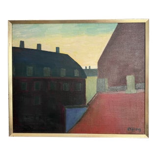 Herman Stilling “Buildings at Dawn” 1959 Framed Oil on Canvas Painting For Sale