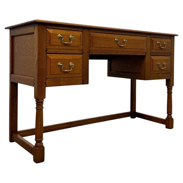Antique English Oak Writing Table with Matching Stool, 1900s, Set of 2 For Sale - Image 4 of 18