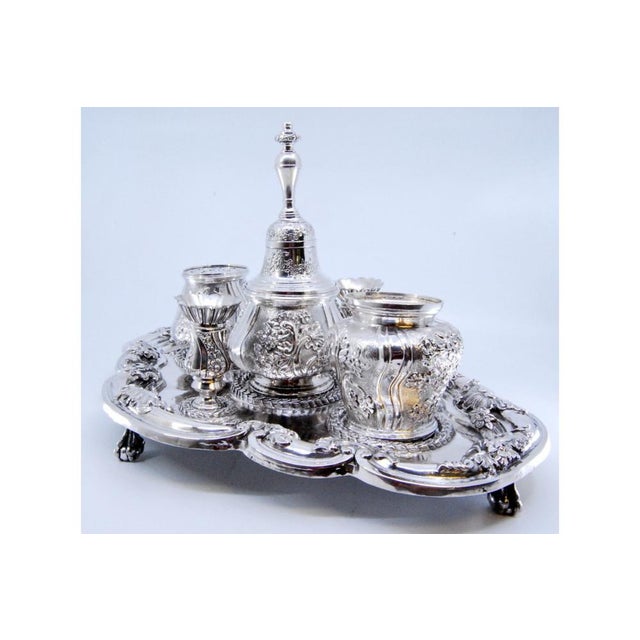Inkwell in Relief Silver with Two Tanks and Bell, Set of 6 For Sale - Image 3 of 10
