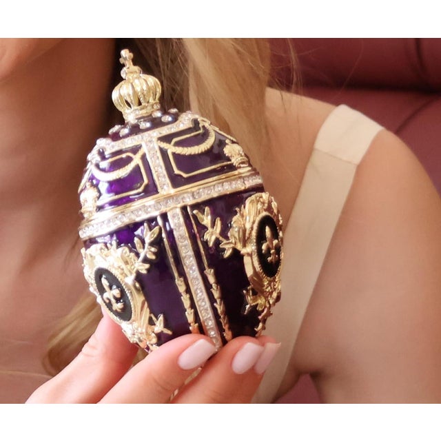 Ornamental & Decorative Materials Pierre Lorren Handmade Faberge Egg Style Trinket Fabergé Egg Style Austrian Crystal Diamond Pure Gold Deco Hand Painted 5 Star Egg & Handmade Bracelet For Sale - Image 7 of 11