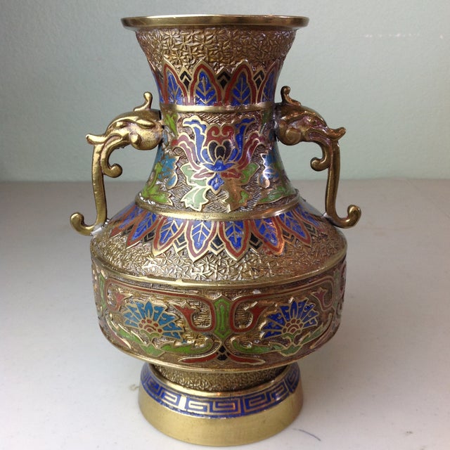 Vintage Japanese Dragon Handles Champleve Enamel Brass Vase Chairish