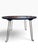 Vintage round occasional/side table featuring a striking deep blue laminate top and sculptural folding hairpin-style metal...