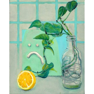 To Hell with Today by Mick Junco | Acrylic and Gouache on Panel Still life with a sad face, lemon, and plant. For Sale