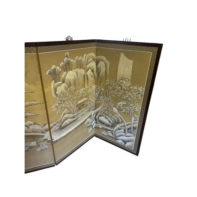 Wood Vintage Hand Painted Asian 4-Panel Silk Screen Byobu For Sale - Image 7 of 10