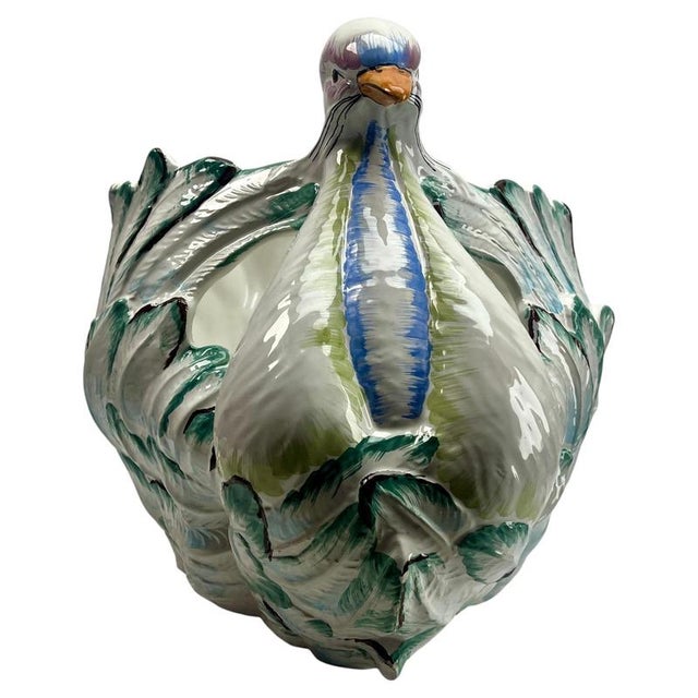 Large Majolica Hand-painted in color swan jardinière Made Italy circa 1930s A real treasure for the ceramics' collector.
