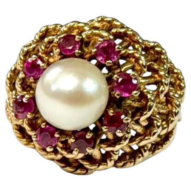 Mid 20th Century 18k Yellow Gold Domed Basket-Weave Pearl and Ruby Cocktail Ring For Sale - Image 5 of 12