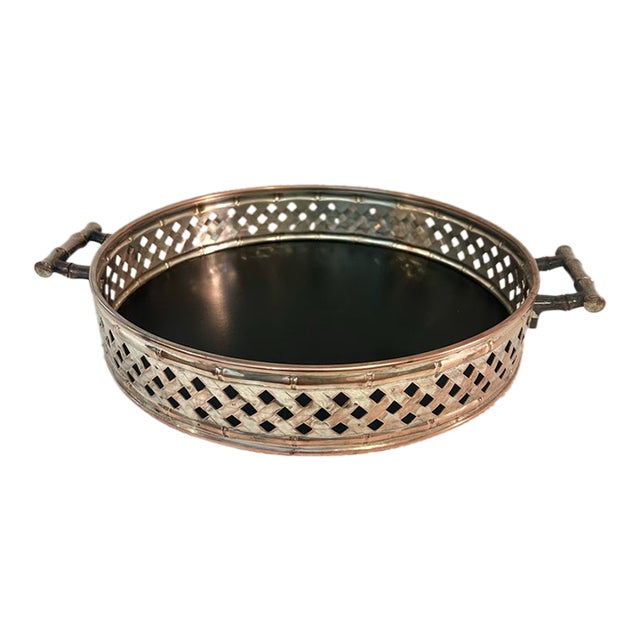 Vintage Silver-Plated Over Copper Chinoiserie Faux Bamboo Woven Gallery Tray For Sale