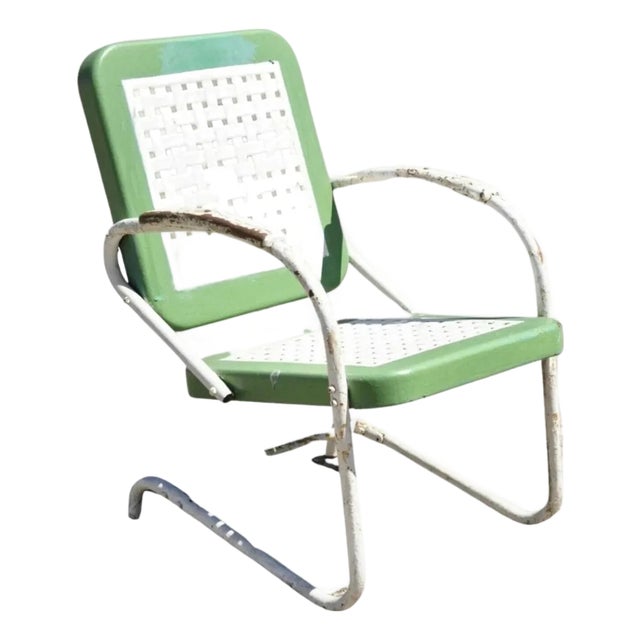 Mid 20th Century Art Deco Metal Basketweave Old Green White Porch Outdoor Spring Arm Chair For Sale