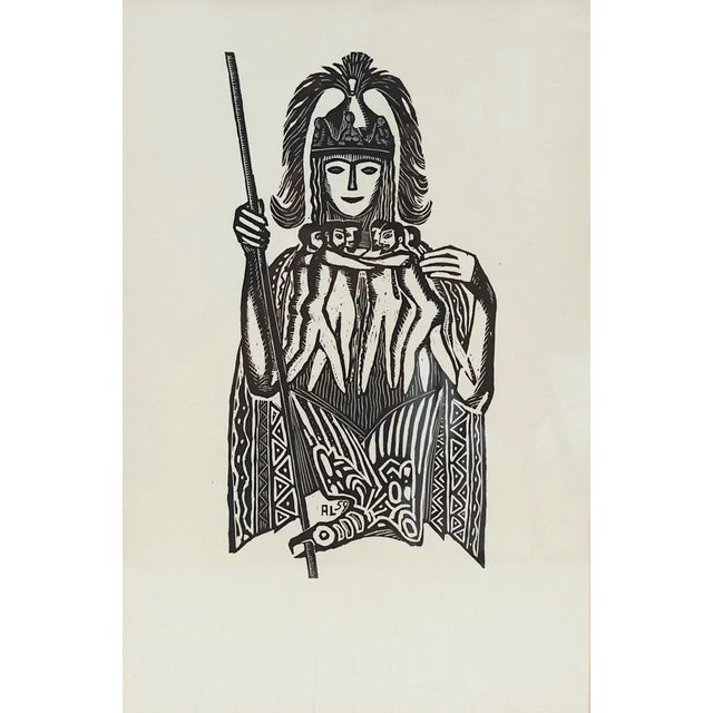 Midcentury modern wood block print with unusual tribal, African, or Pacific Island subject matter. Note the elaborate...