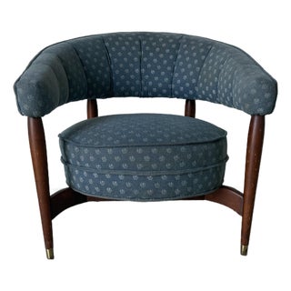 1960s Mid-Century Modern Floating Barrel Lounge Chair in Teal Upholstery With Walnut Frame & Brass Sabots For Sale