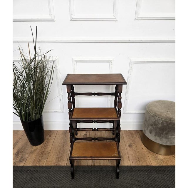 Mid-Century Italian Carved Walnut Wood and Leather Folding Three-Step Library Ladder, 1950s For Sale - Image 6 of 8