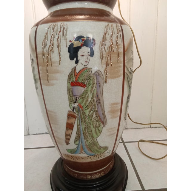 Asian 1930s Asian Ceramic + Wood Satsuma Crackle Glaze Hand Painted 32" Lamp For Sale - Image 3 of 15