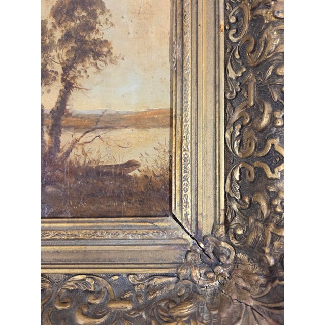 Antique Dutch 19th C. Sunrise Over Water Landscape, Original Frame, Signed J. Wouters (?) For Sale - Image 14 of 18