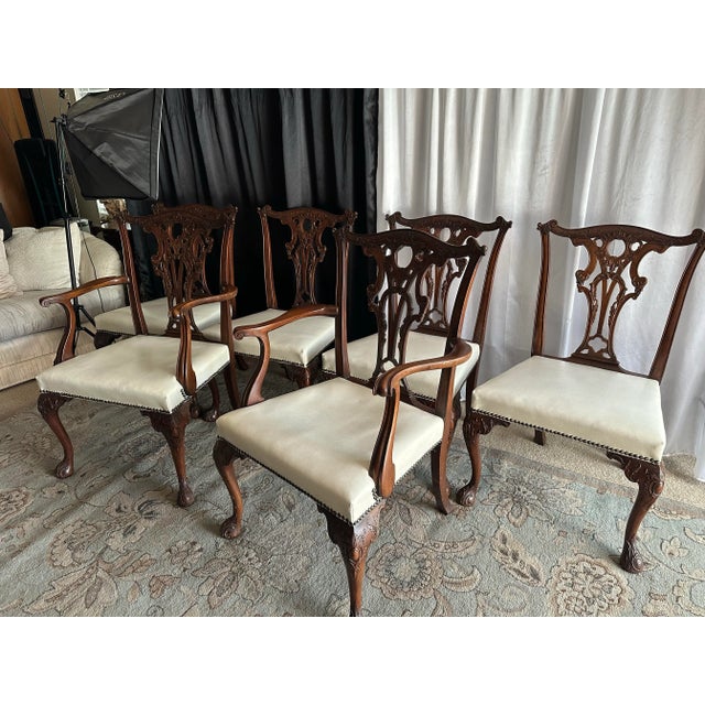 Carved Mahogany Chippendale Dining Chairs, Set of 6, White Faux Leather For Sale In Phoenix - Image 6 of 12