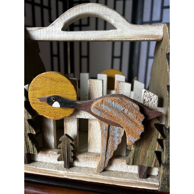 Rustic European Vintage Folk Art Flying Goose and Sunrise Scene on Wooden Basket For Sale - Image 3 of 12