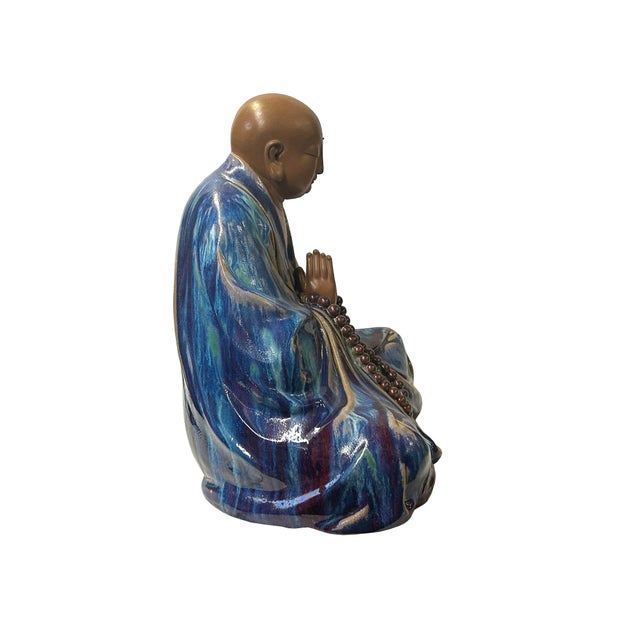 1980s Fine Chinese Shiwan-Style Ceramic Luohan Amitabha in Deep Sea Glaze For Sale - Image 5 of 13