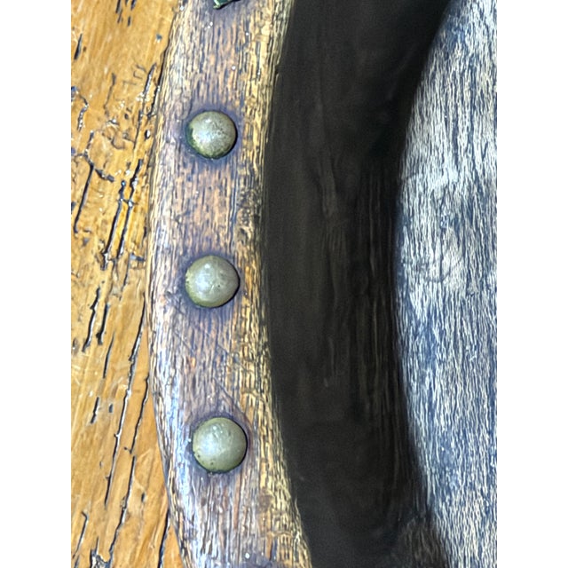 Antique Primitive Hand-Carved Wooden Bowl With Folk Art Wire Stitching and Brass Studded Rim For Sale - Image 9 of 9