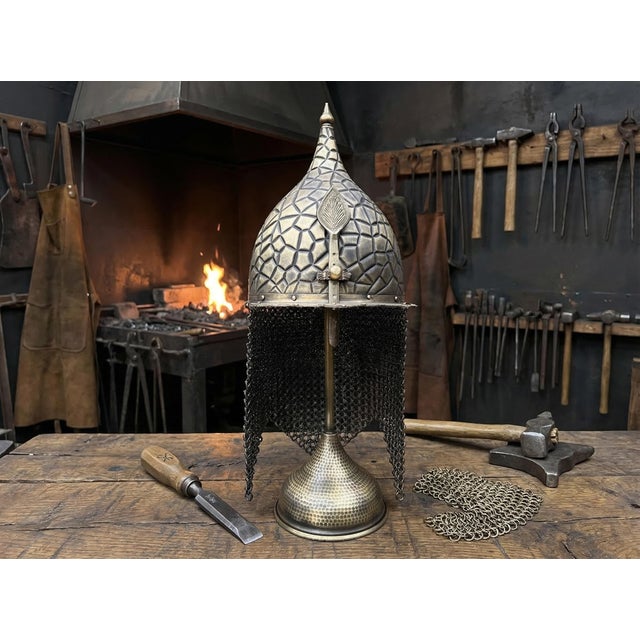 Geometric Engraved Helm With Chainmail For Sale In Los Angeles - Image 6 of 13