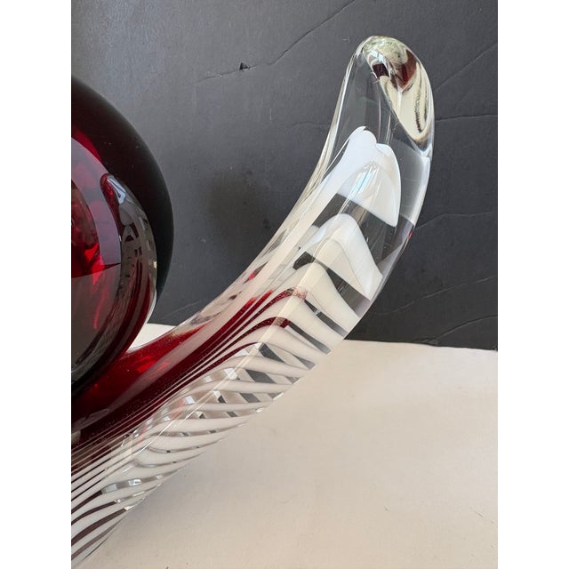 Late 20th Century Signed Mark Wagan Studio Art Glass Sculpture Ruby Red Orb Latticino Centerpiece For Sale In Indianapolis - Image 6 of 12