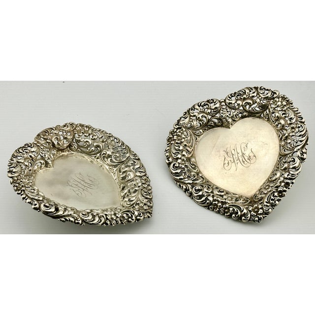 Metal Late 19th Century Beautiful Original Matched Pair of Fancy Antique American Victorian Sterling Silver Heart Shape Bon Bon Serving Dishes For Sale - Image 7 of 18