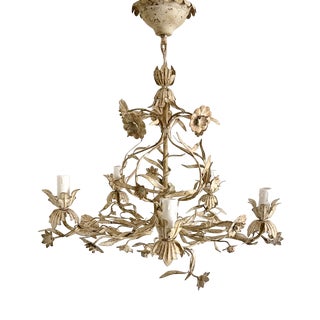 Vintage Italian Floral Tole 5-Light Chandelier in Cream Painted Metal, 1960s For Sale