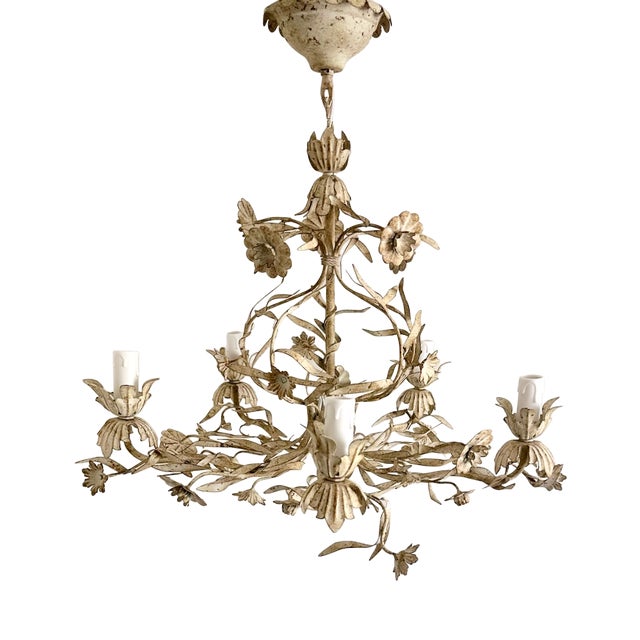 Vintage Italian Floral Tole 5-Light Chandelier in Cream Painted Metal, 1960s For Sale