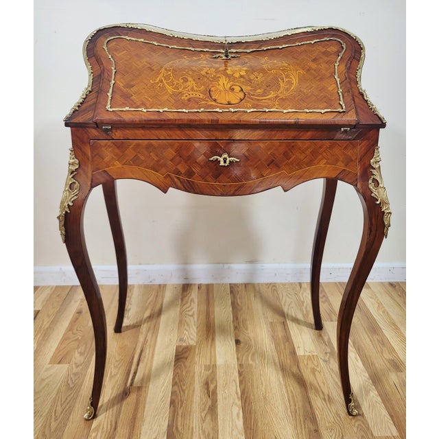 French French 19th C Louis XV Rosewood & Satinwood Fitted Slant Front Lady's Desk For Sale - Image 3 of 18