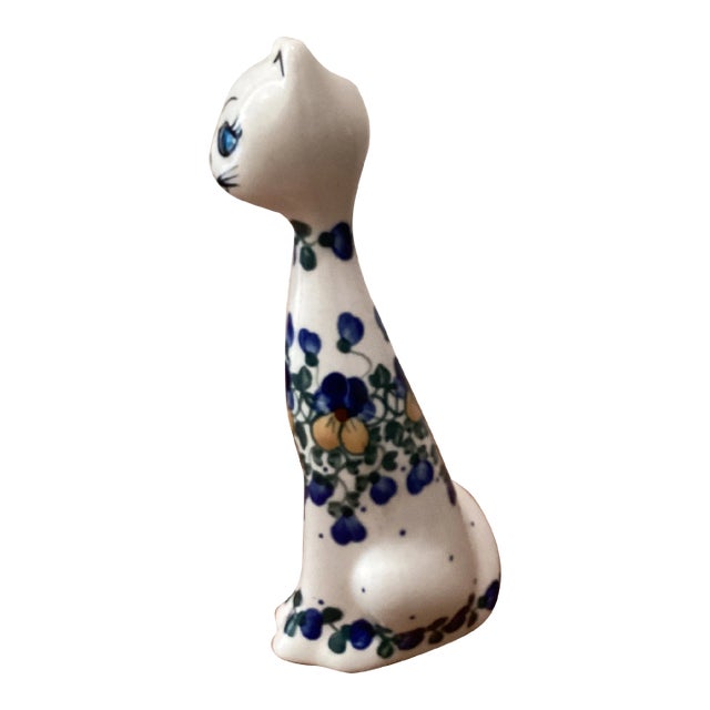 Early 21st Century Long Neck Hand Painted Floral Ceramic Cat Figurine Artist Signet For Sale
