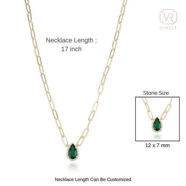 2.25ct Emerald Diamond Halo Teardrop Paperclip Chain Necklace in 14k Solid Gold For Sale - Image 10 of 14