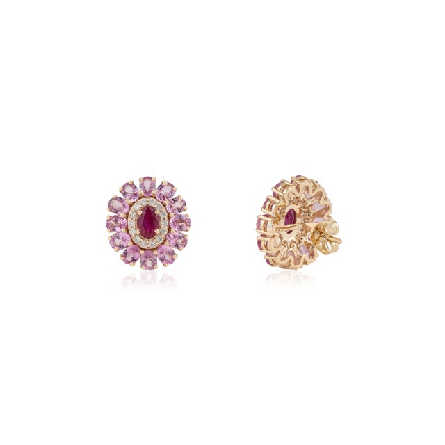 Metal 6.55ct Ruby Pink Sapphire & Diamond Cluster Victorian Stud Earrings in 14k Gold- A Pair For Sale - Image 7 of 14