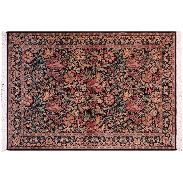 Black 1990's Floral Gulshan Ayub Pak-Persian Black/Black Wool Rug - 4'8'' X 7'1'' For Sale - Image 8 of 9