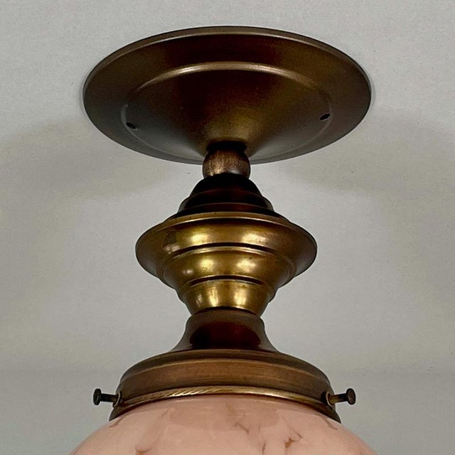 1920s Art Deco Pale Rose Marbled Opaline and Brass Flush Mount, Germany, 1920s For Sale - Image 5 of 12