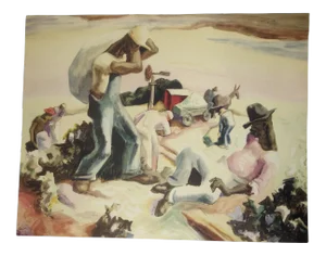 Vintage C.1930's-50s American Regional Artist (Thomas Hart Benton), Signed "Cotton Pickers," Wpo Watercolor Print
