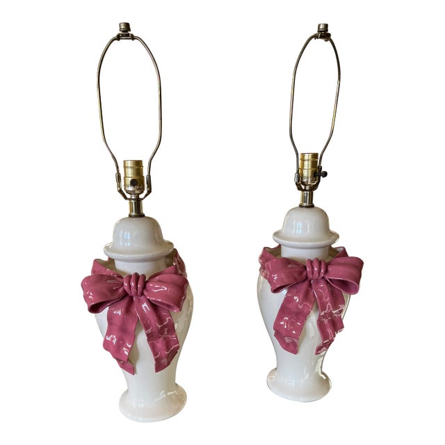 1980s Pair of Authentic BetLar Inc. White Ceramic With Pink Ribbon Bow Table Lamps For Sale