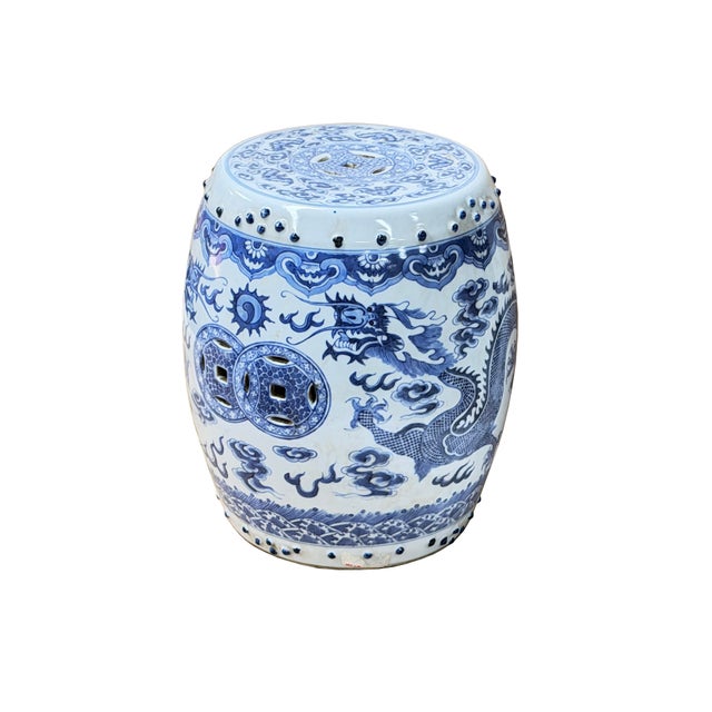 10" Chinese Blue White Porcelain Double Dragons Round Shape Stand Display Art For Sale - Image 10 of 18