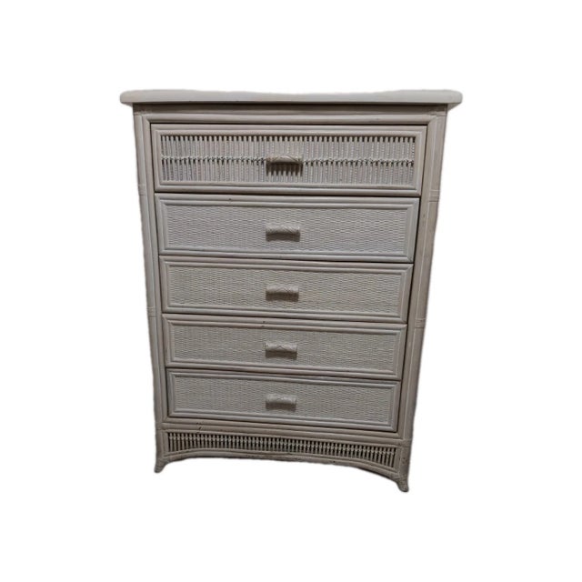 1980s Coastal Washwood Bamboo Wicker Chest 5 Drawer For Sale In Naples, FL - Image 6 of 6