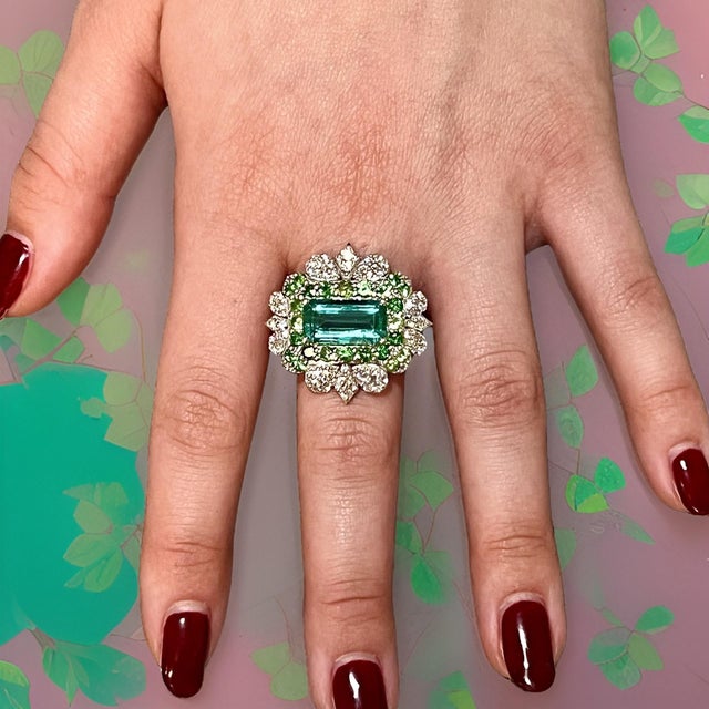 Natural Emerald Tsavorite Diamond Ring 6.75 14k White Gold 9.22 TCW Certified For Sale In New York - Image 6 of 17