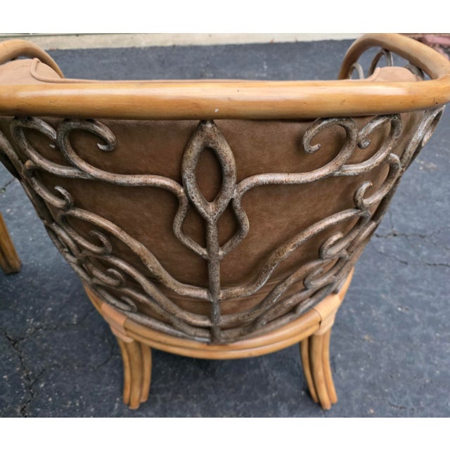 Pair of Maitland-Smith Hollywood Regency Wooden Faux-Bamboo Tub Chairs With Wrought-Iron Scrollwork, Philippines For Sale - Image 11 of 14