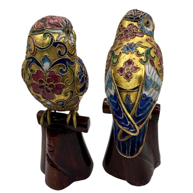 1970s Vintage Chinese Cloisonné Owls on Wood Stump Bases - A Pair For Sale - Image 5 of 12