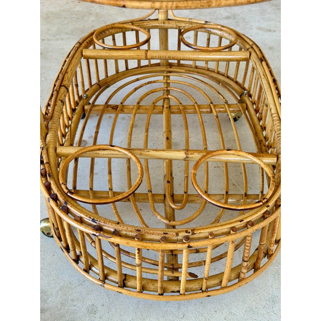 Tan Mid-Century Italian Rattan and Bamboo Bar Cart in the Manner of Franco Albini For Sale - Image 8 of 12