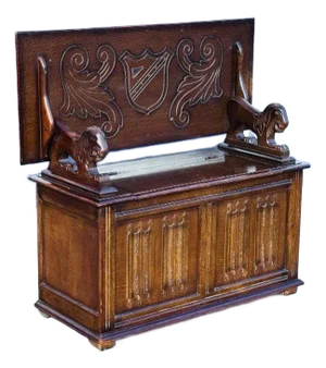 Oak Monks Hall Bench with Carved Lions &n Heraldic Crest