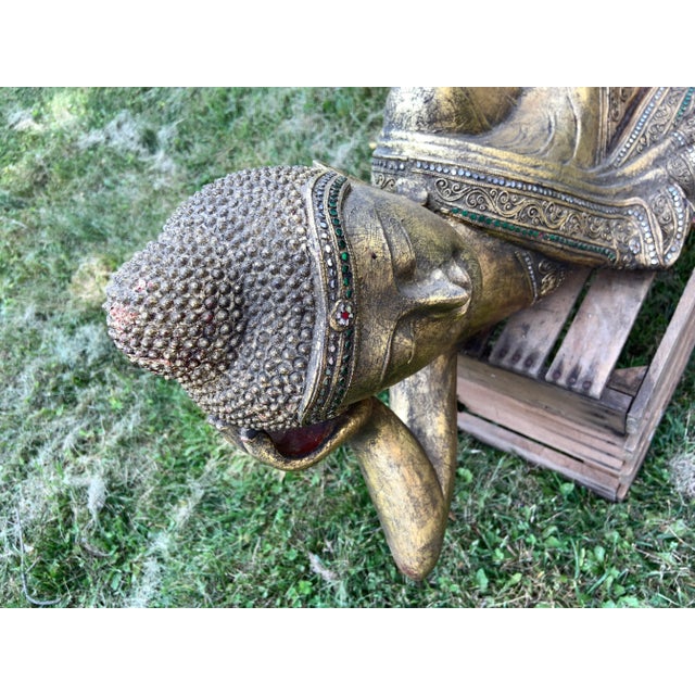 1990s Vintage XLarge Gold Gilt Hand Carved Reclining Buddha Statue For Sale - Image 5 of 11