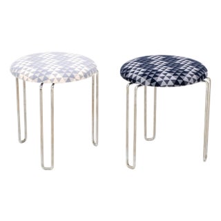 Italian Mid 20th Century Chrome Hairpin Stools in Milton Textiles - A Pair For Sale
