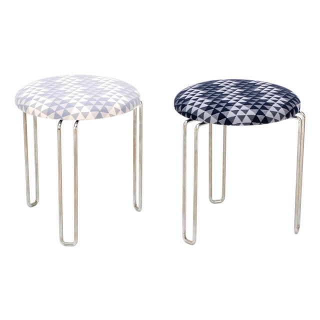 Italian Mid 20th Century Chrome Hairpin Stools in Milton Textiles - A Pair For Sale