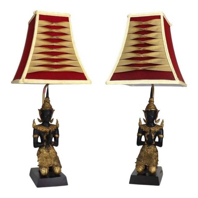 Antique Thai Lacquered & Gilt Figural Bronze Teppanom Guardian Angel Lamps - a Pair For Sale - Image 4 of 11