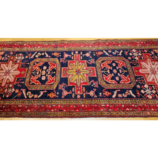 Vintage Persian Hamadan Gallery Rug, Hand-Knotted Wool, Geometric Bird Motifs Design, Navy & Red, 5x11 For Sale - Image 12 of 17