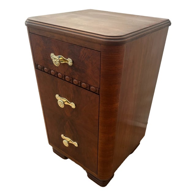 1920s Art Deco Side Table, Nightstand, Chest of Three Drawers, Walnut, Brass Pulls For Sale